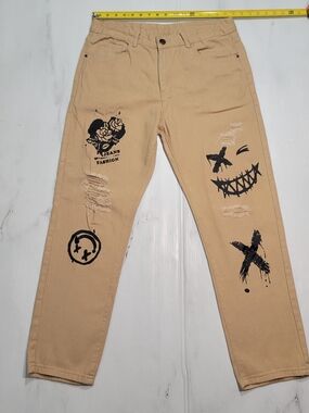 Slim Straight Tan Jeans with Black Graphic Print